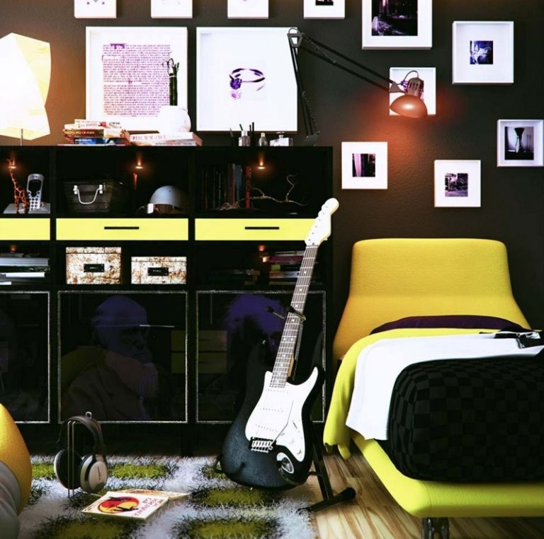 Idee cu design de perete negru și accente galbene idei camera tineretilor baieti zid inchis cladire accent galben modern