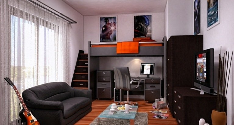 Idei pentru camere pentru tineri - decor modern realizat din mobilier de culoare închisă idei camere pentru tineri design modern mobilier intunecat piele canapea pat mansarda perete living