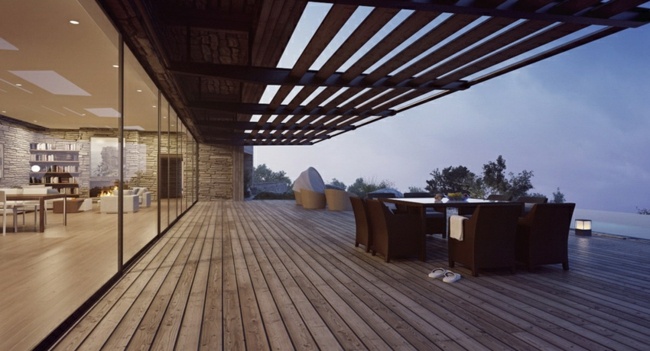 Pergolă din lemn din casă din sticlă Casa lemn terasa pergola apus de soare
