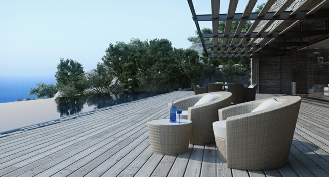 Copaci cabana Corsica terasa din lemn Corsica terasa din lemn mobilier din ratan piscina
