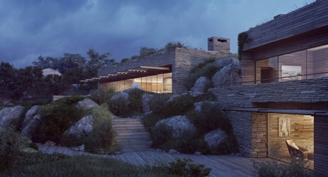 Perete de sticlă fațadă de piatră Villa Corsica Iluminare arhitectură modernă Villa Corsica