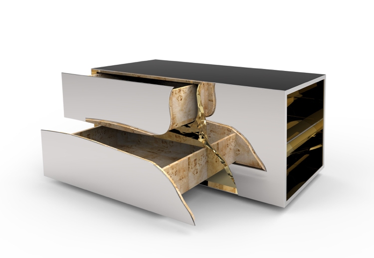 Noptiera de designer din materiale de inalta calitate mobilier-lux-noptiera-sertare-alama-suprafata-oglindita