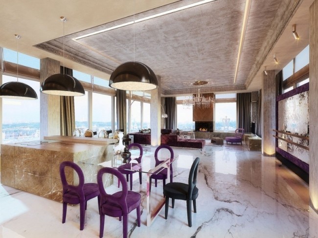 Apartament penthouse Moscova bucătărie-living-mobilier de lux-ferestre panoramice de marmură