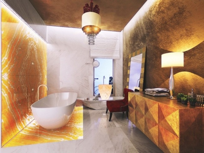 Vizualizare 3d amenajări interioare gresie baie penthouse din piatră fină Gilyarovskogo stradă lumină indirectă