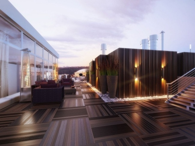 Vedeți terasa acoperișului Moscovei așezarea plăcilor de lemn - proiect digital-apartament penthouse