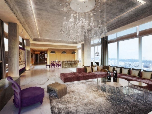 Loft apartament penthouse panorama vedere mobilier lux iluminat marmura