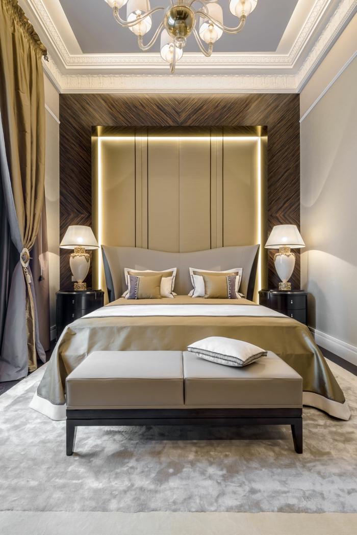 Patul luxos are iluminare indirectă pat dormitor cuvertură de pat covor elegant lux iluminat indirect