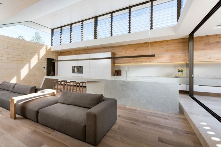 Ideea de viață cu un design de bucătărie deschisă idei de viață maritimă living-podea-placare din lemn-perete