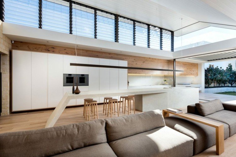 Lemnul creează un fler maritim idei de viață maritimă bucătărie deschisă-alb-gri-canapea-modernă