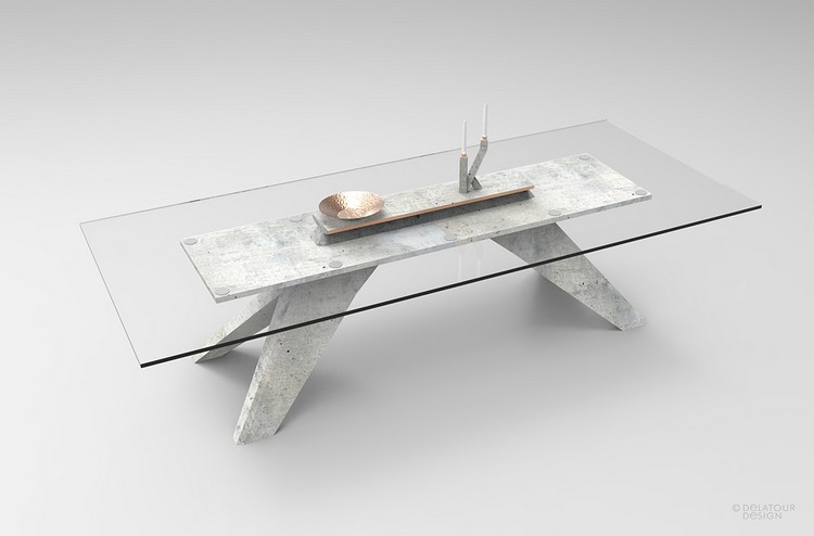 Masa de luat masa combină betonul ușor, cuprul și sticla Brichetă de mobilier din beton-masă de masă-sticlă-cupru-jimmy-delatour-laborator-design