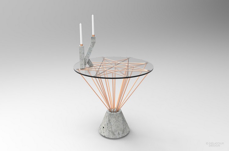 Mobilierul din beton este o inovație în domeniul mobilierului de casă mobilier-beton-coloană-masă-sticlă-cupru-lumânări-sfeșnice-jimmy-delatour-design-lab