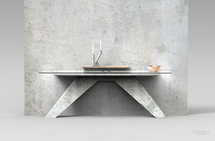 Consolă din beton ușor atașat la un perete de beton mobilier-beton-consola-cu-doua-picioare-masa-de-sticla-cupru-light-jimmy-delatour-design-lab