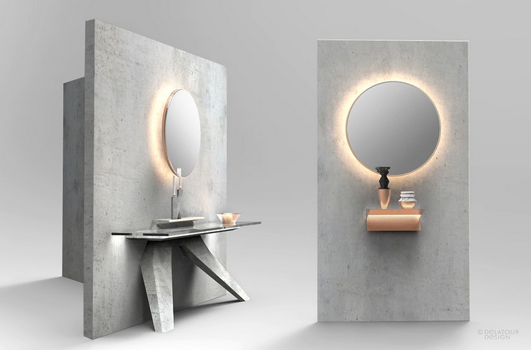 Oglindă cu lumină spate în combinație cu diferite mese de consolă mobilier-beton-consolă-masă-stop-oglindă-cupru-sticlă-jimmy-delatour-design-lab