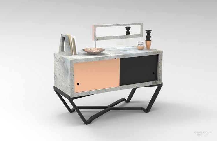 Comodă frumoasă din beton ușor cu elemente de cupru mobilier-beton-cupru-cupru-reciclat-piele-oglindă-comoda-bibliotecă-jimmy-delatour-design-lab