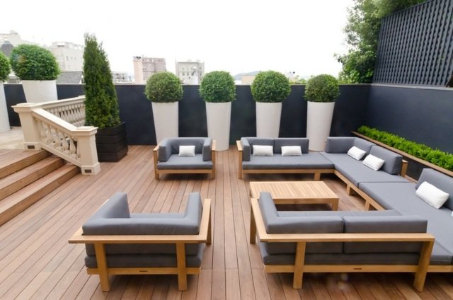 mobilier de grădină modern parchet din lemn Mobilier de grădină podele din lemn perne de tapițerie gri