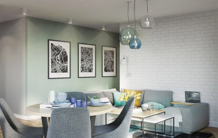 culoarea menta pentru peretele din sufragerie combinată cu cărămizi cu față albă