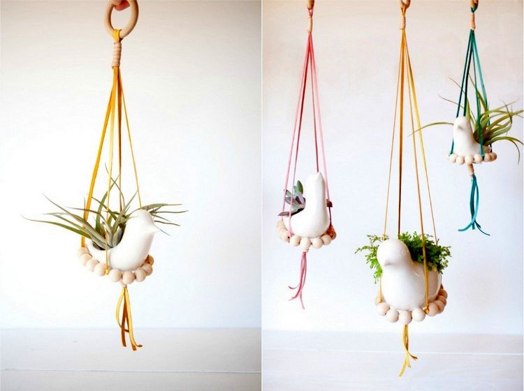 Plantați ghivece precum cuiburi de păsări - faceți decorațiuni frumoase cu mărgele de lemn Tinker ceramice-păsări-agățate-cachepots-tillandsias cu margele de lemn