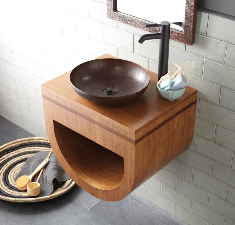 Chiuvetă de formă interesantă, cu o formă curbată în partea de jos Mobilier de baie din bambus -modular-lavoar-spălare-consolă-fitinguri-blat-lavoar-maro-bronz