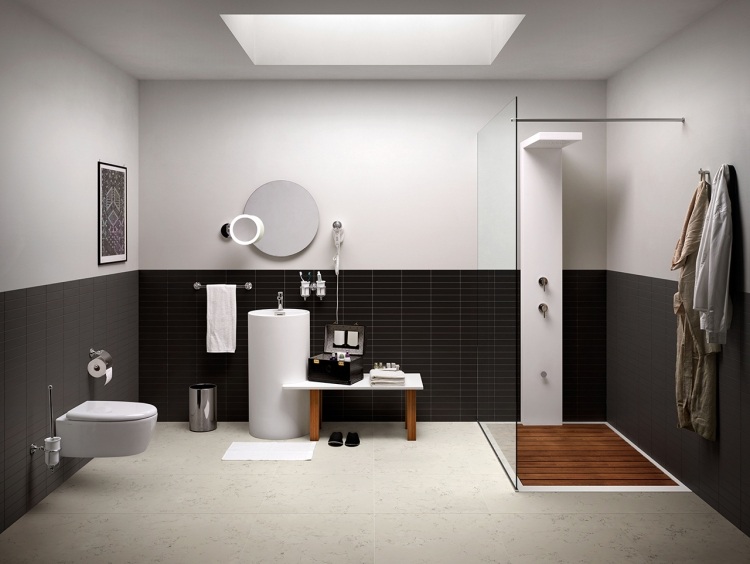 design tineresc modern în baie în alb și negru Mobilier de baie din bambus -modern-baie-negru-alb-cabină de duș-consolă de spălare-bancă rotundă-spațiu de depozitare-luminator