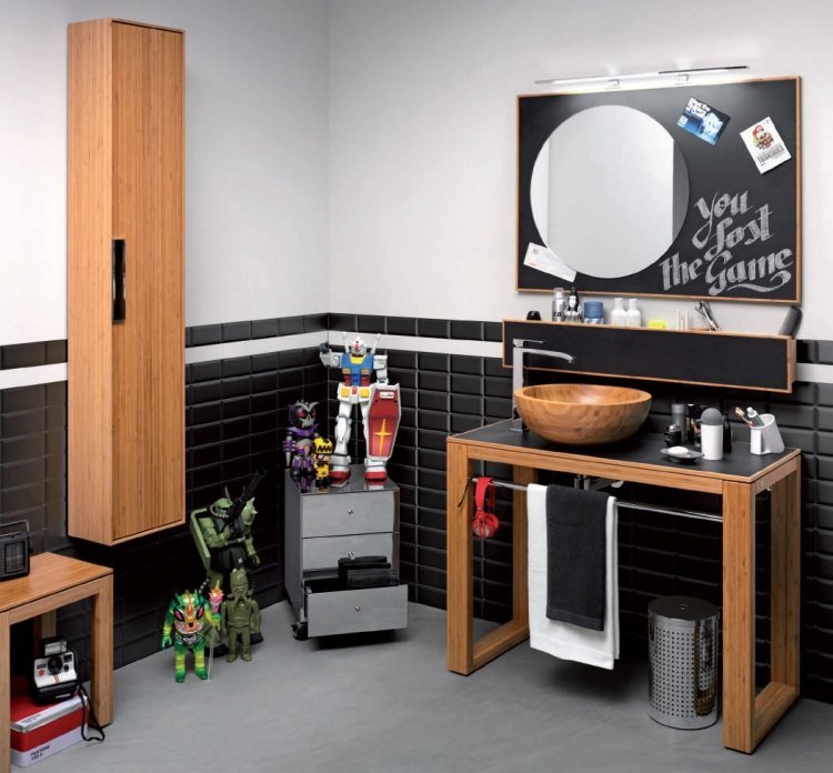 design modern al băii cu mobilier din bambus și vopsea de tablă neagră Mobilier pentru baie din bambus-modern-negru-lemn-tablă-vopsea-jucării-extravagante