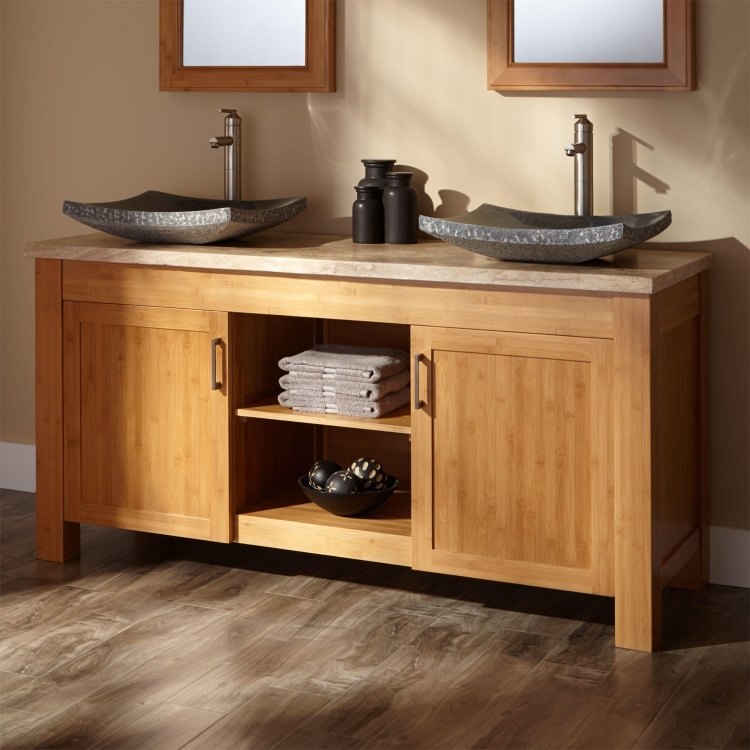 chiuvetă dublă cu design clasic și două chiuvete din piatră naturală mobilier baie-bambus-idei-moderne-lavoar blat-granit-plat-dreptunghiular-vanitate