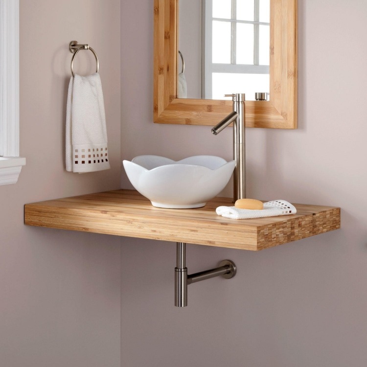 Chiuvetă externă în formă de floare din ceramică albă mobilier-baie-bambus-modern-spălat-top-lavoar-blat-lavoar-oglindă-robinet