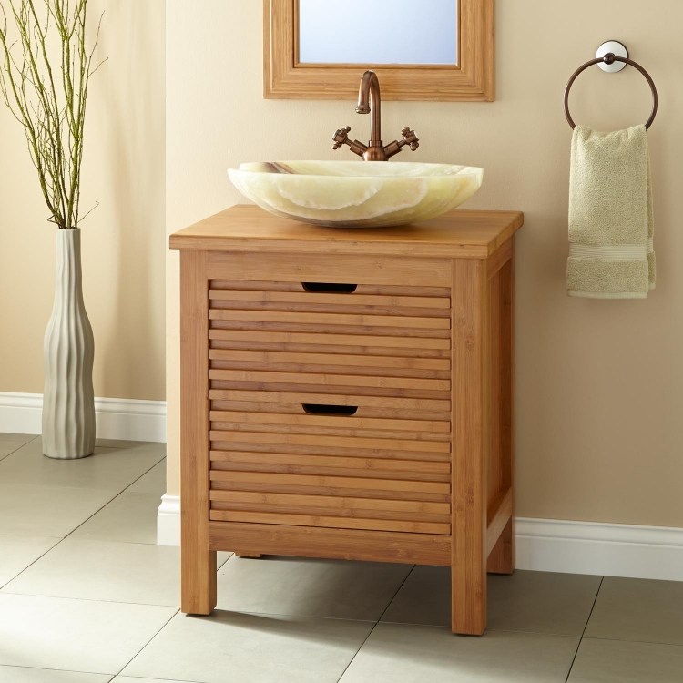 Chiuvetă cu două sertare, accesorii din bronz și chiuvetă din piatră naturală mobilier de baie-bambus-idei-moderne-vanitate-contra-sertare-blat-lavoar-piatră-natural-fitinguri-vintage-bronz