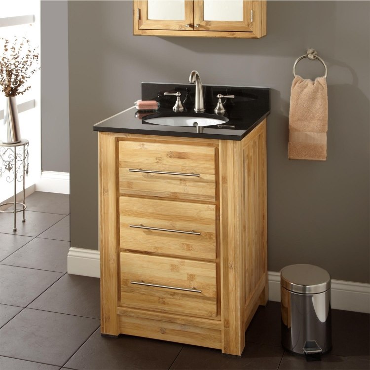 mobilier clasic cu sertare și chiuvetă neagră mobilier-baie-bambus-modern-vanitate-contra-spălare-placă-sertar-negru-robinet-oglindă-dulap
