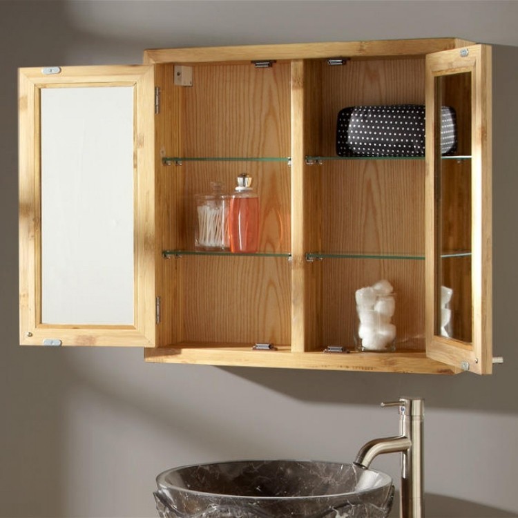 Dulap cu oglinzi pentru montare pe perete deasupra vanității mobilier baie-bambus-modern-dulap baie-oglindă dulap-rafturi-chiuvetă-piatră naturală-granit