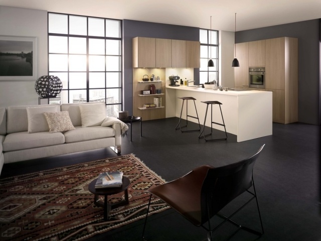 Mâncare în bucătărie bar contra scaune zonă de relaxare-canapea covor-bucătărie insulă pandantiv lumina