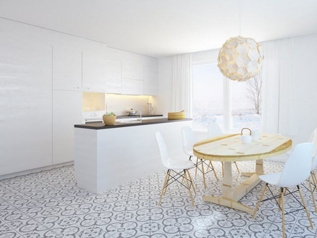 bucatarie minimalista-fronturi albe fara maner-gresie cu model de portelan Istanbul-yurtbay-seramik bucătărie minimalistă-față albă fără mânere model gresie podea Istanbul-yurtbay-seramik