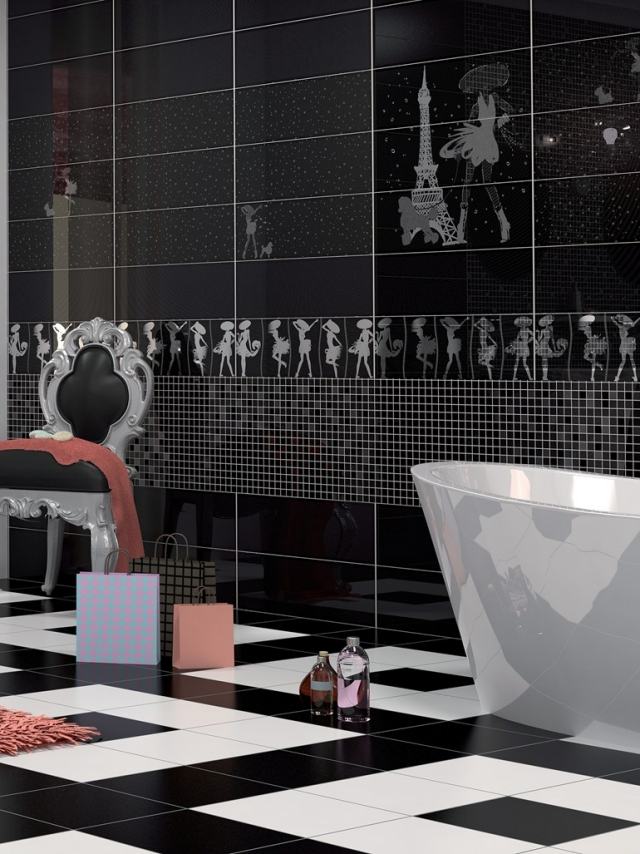 Idei baie alb-negru gresie-faianță ceramică-reflexii lucioase-EdilCuoghi-Ceramiche Design baie alb-negru ceramică modernă-reflexii lucioase-EdilCuoghi-Ceramiche