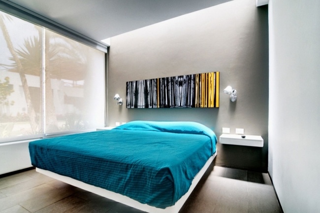 dormitor albastru casa seta design casă rezidențială cu terasă pe acoperiș
