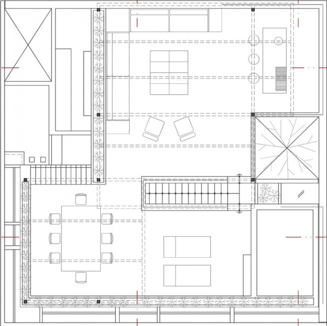 Planul etajului de la primul etaj al casei casa de designer cu terasă pe acoperiș