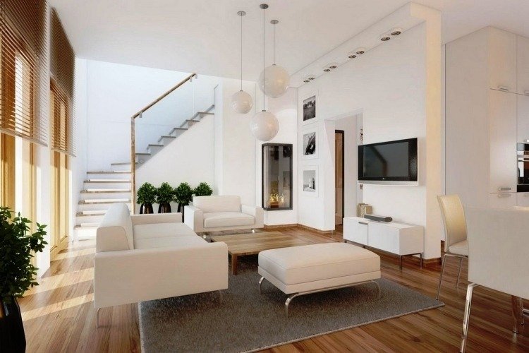 conform Feng Shui - mobilier cu margini moi în alb crem feng-shui-living-mobilier-alb-din-podea-din-lemn-lampă suspendată-bilă-scară-televizor