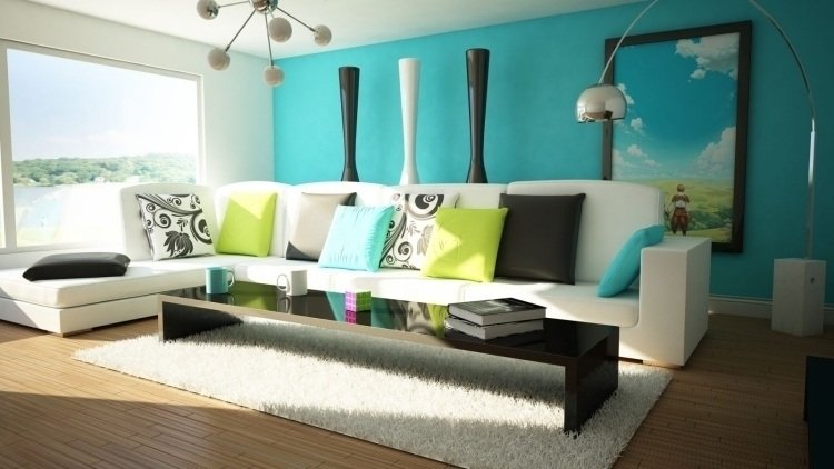 Albastrul și verdele stimulează creativitatea feng-shui-sufragerie-mobilier-perne-colorate-colt-canapea-alb-turcoaz-covor-masuta-de-cafea