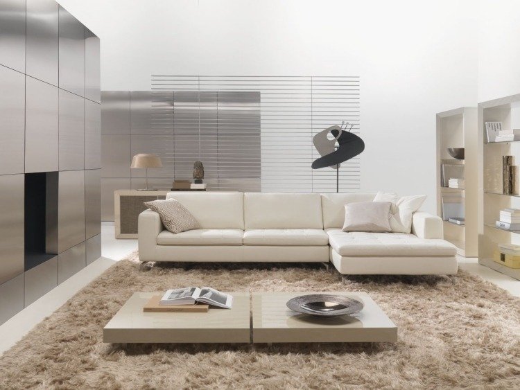design interior modern cu o canapea în mijloc Mobilier camera de zi Feng Shui-covor-pufos-metal-alb-crem-bej
