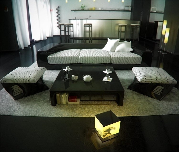 Puneți mobilierul de relaxare în centrul atenției, conform Feng Shui feng-shui-living-mobilier-modern-lucios-negru-alb-canapea-scaun-deschis