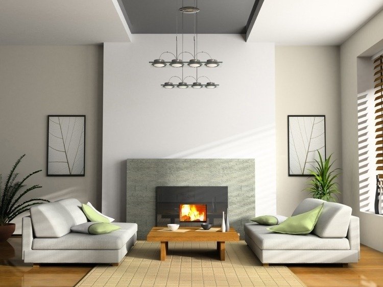 două canapele mici așezate una împotriva celeilalte feng-shui-living-mobilier-canapea-mijloc-șemineu-deschis-candelabru-plante-gri-alb-crem