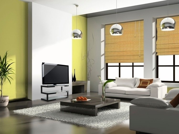 Camera de zi în gri cu accente în galben și lumini pandantive feng-shui-living-mobilier-fereastră-canapea-alb-gri-galben-lampă-suspendată-masă de cafea-televizor