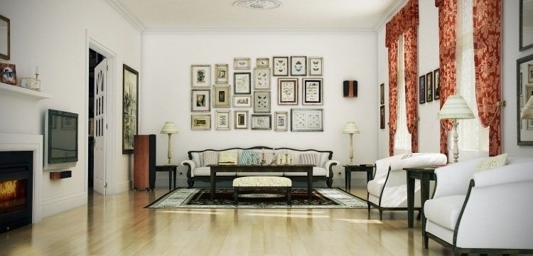 cameră mare în alb cu elemente decorative și perdele în roșu feng-shui-living-mobilier-canapea-fotoliu-poze-clasic-semineu-deschis