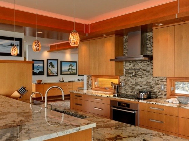 Lămpi de tavan din bucătărie din lemn perete din spate din piatră naturală Plafoane din dale din spate din piatră naturală