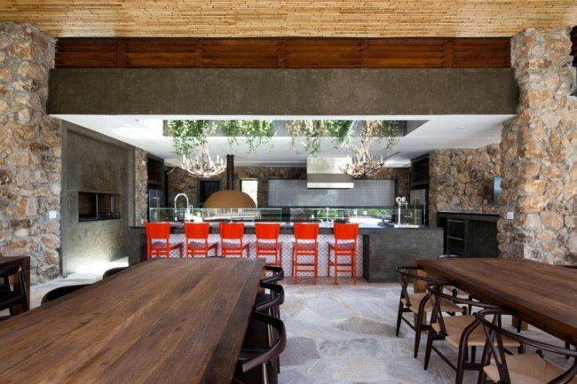 Scaun de bar roșu de perete de piatră în formă de bucătărie răcoros bucătărie formă zid de piatră bucătărie insulă roșu scaun de bar