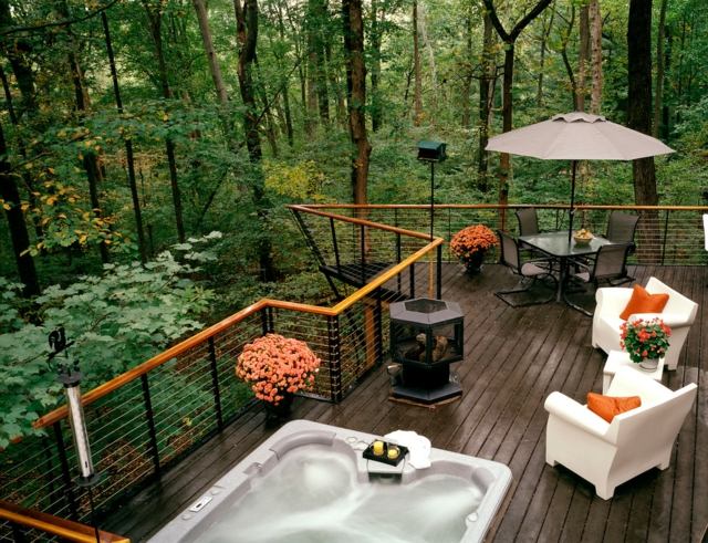 Balustradă pentru terasă din lemn și metal în stil modern Balustradă din lemn terasă pardoseală din oțel cabană pădure cadă cu hidromasaj în aer liber