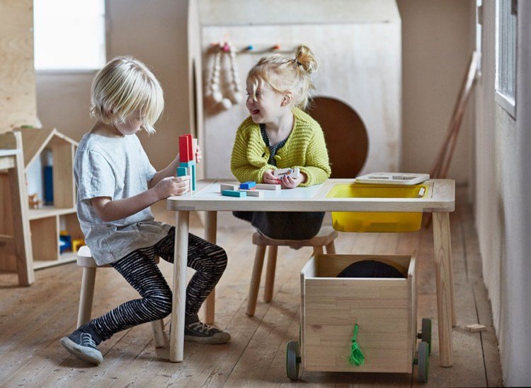 Mobilier pentru copii Ikea - masă pentru copii cu cutii încorporate pentru jucării și accesorii mici Mobilier pentru copii Ikea-lemn-colecție-nouă-masă pentru copii-cărucior din lemn-loc de joacă
