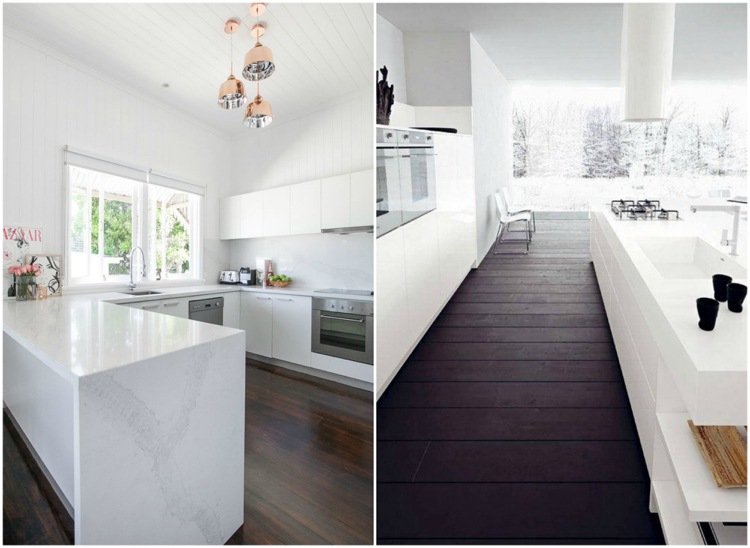 Idei bucătărie podea albă din lemn închis la culoare