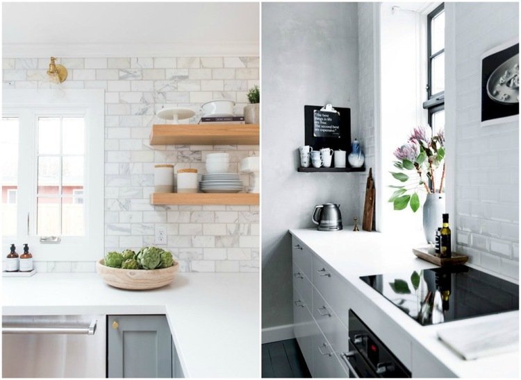 gresie alba de bucatarie metrou perete beton expus marmura