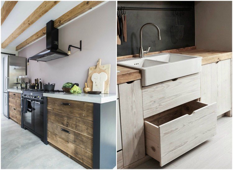 bucătărie modernă lemn recuperat negru aspect industrial