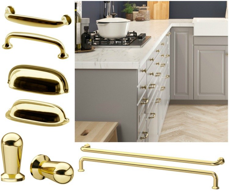 Dulapul bucătăriilor Ikea 2018 se ocupă de diferite forme de culoare alamă