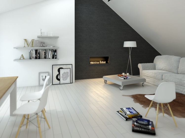 Integrați un șemineu decorativ în perete șemineu-deschis-scandinav-minimalist-blană-covor-scaun-plastic-gri-închis-integrat-alb